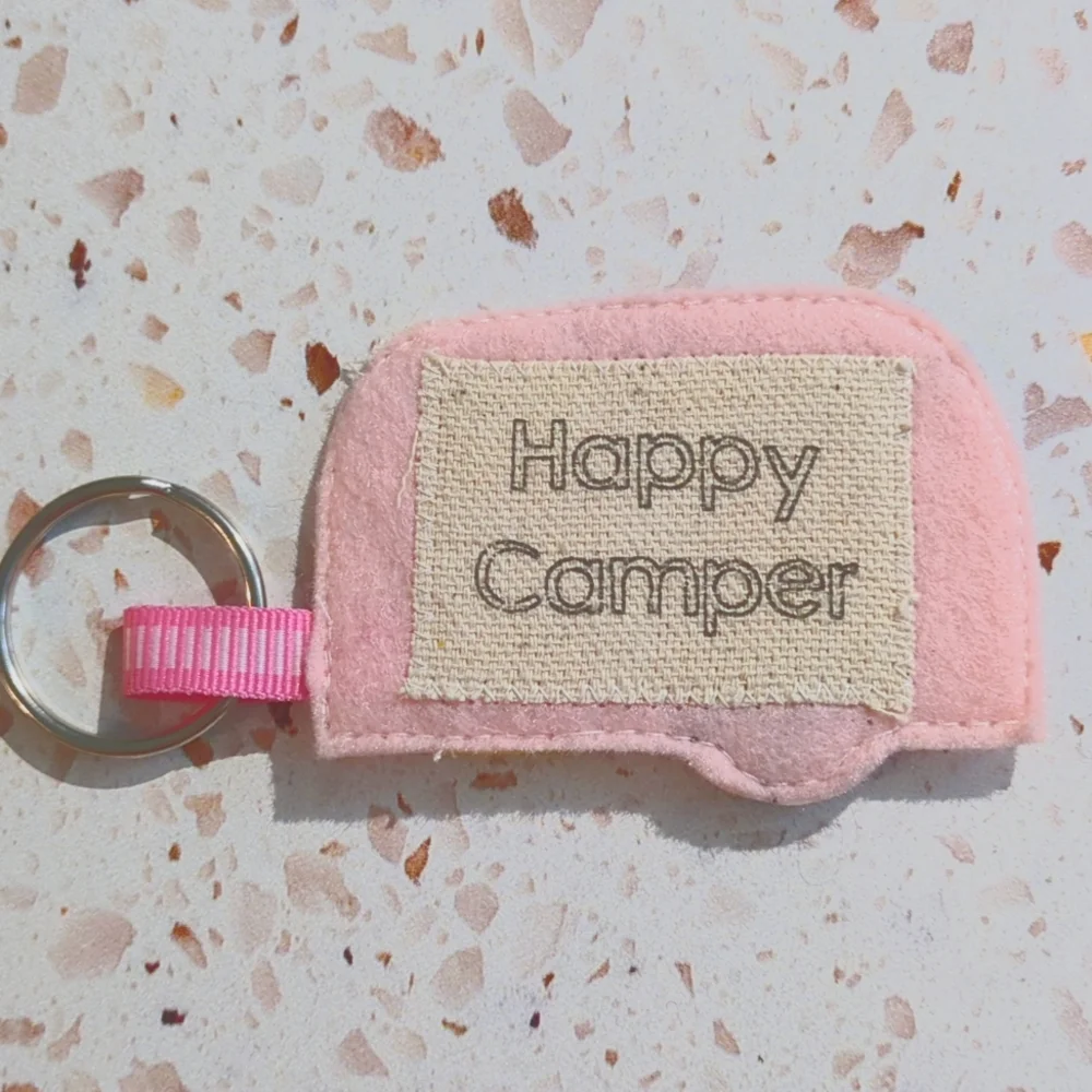 Happy Camper Key Fob Handcrafted Pink Felt Applique Lace Ribbon Bead | New #5